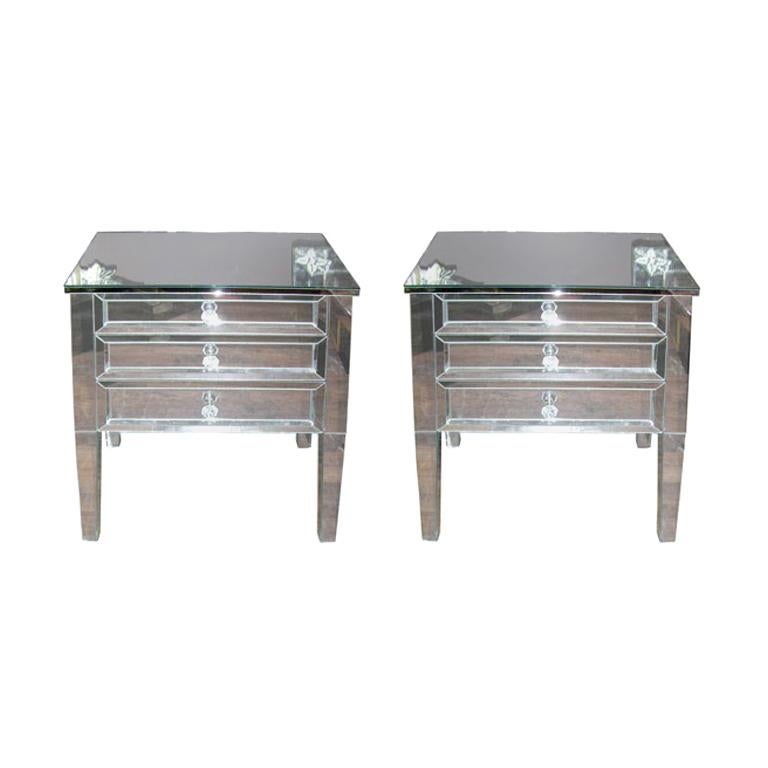 Pair of Neoclassical Modern 3-Drawer Beveled Mirrored Nightstands For Sale