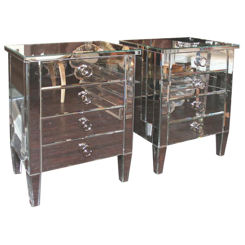 Pair of 4-Drawer Mirrored End Tables For Sale