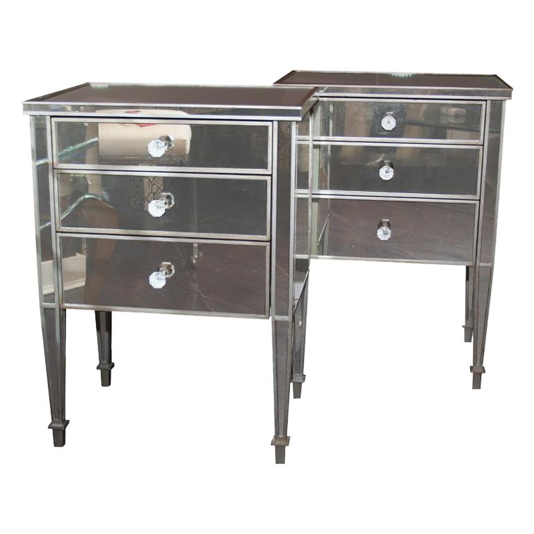 Pair of 3-Drawer Silver Trim Mirrored Nightstands