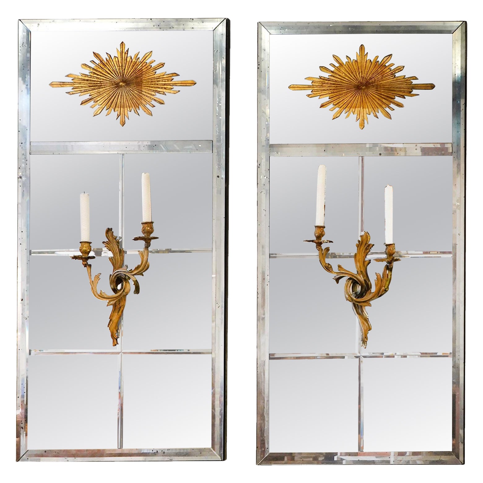 Pair of Custom Mirrors Gilded Medallion with Sconces For Sale