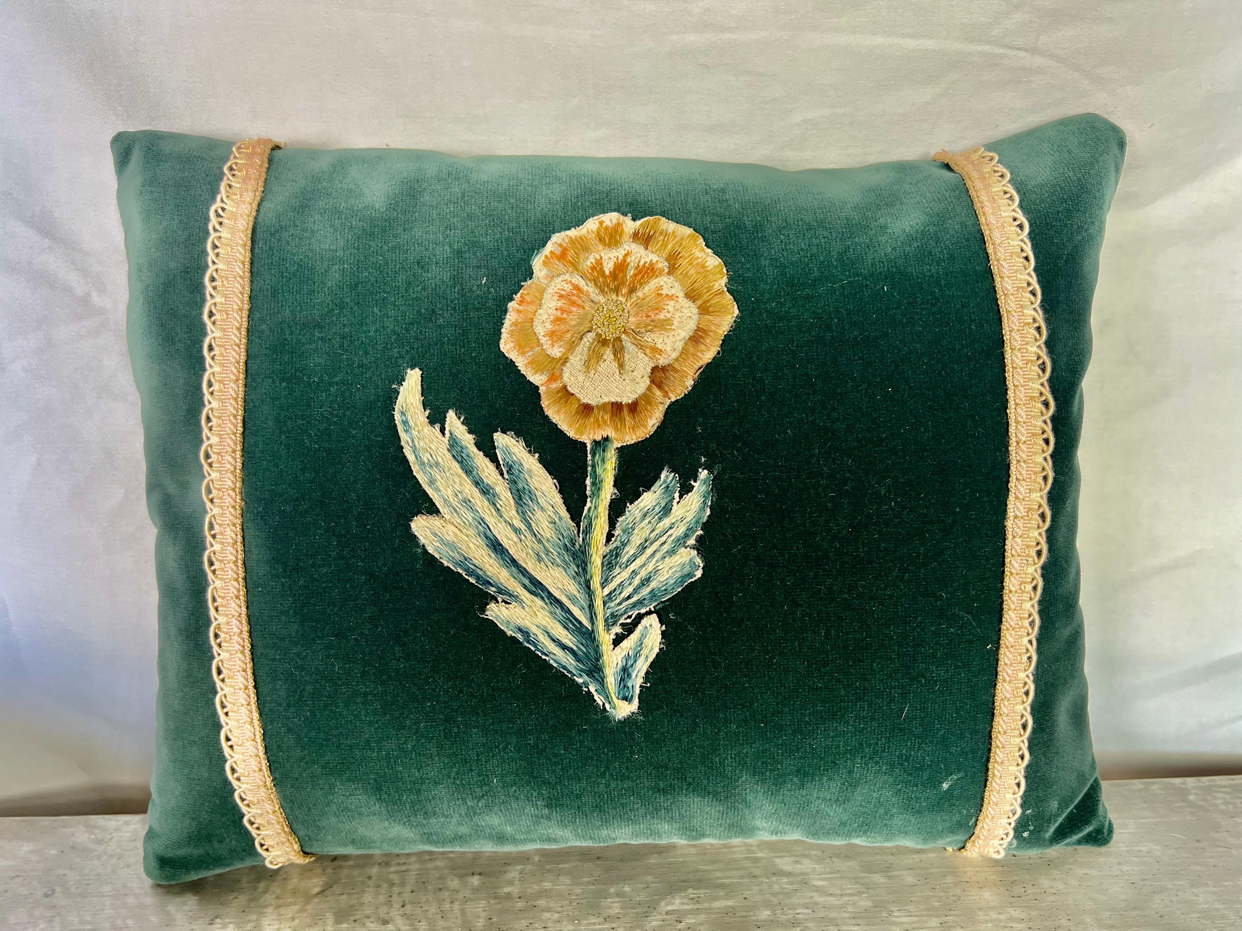 American Pair of Custom MLA Appliquéd Teal Velvet Pillows For Sale