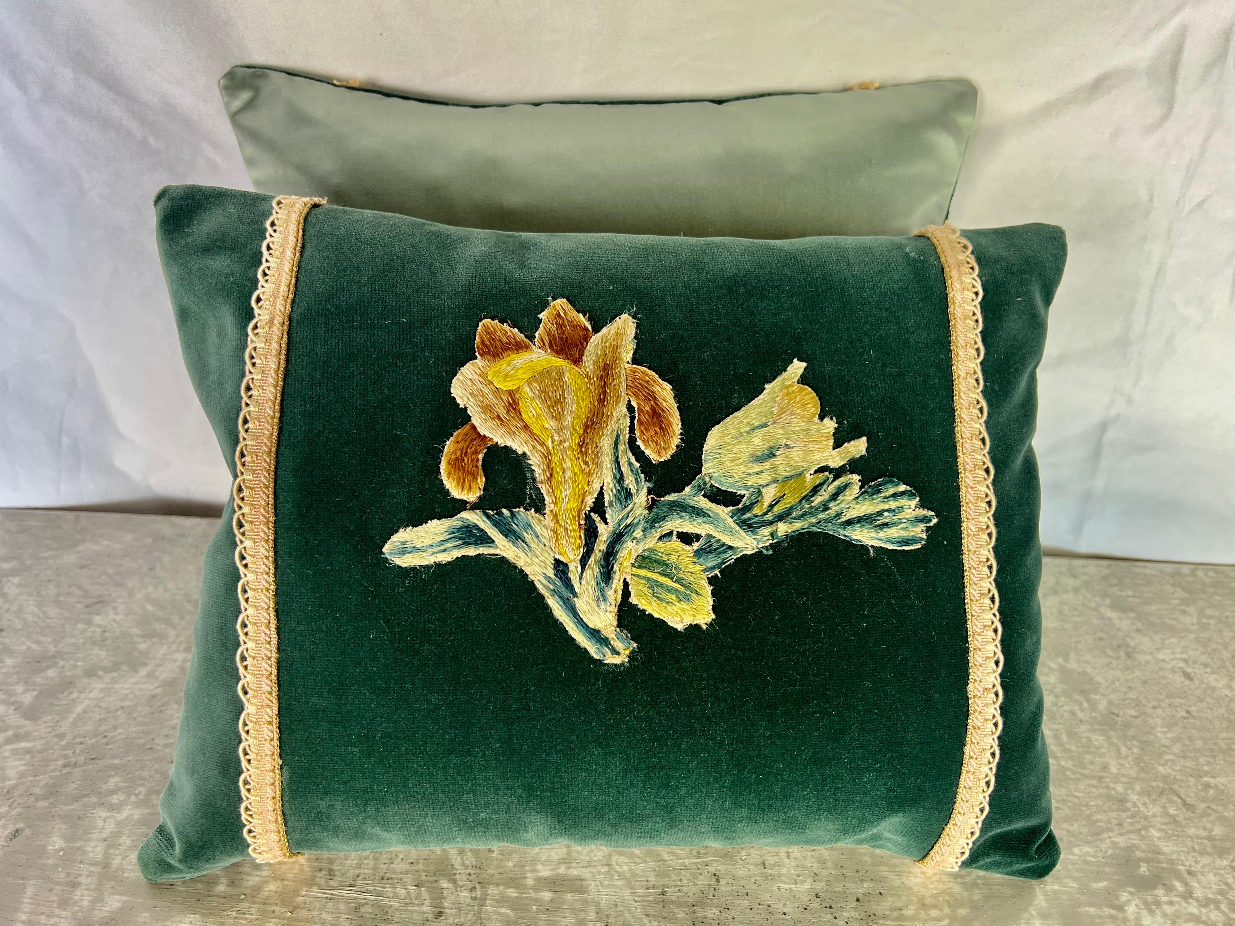 Silk Pair of Custom MLA Appliquéd Teal Velvet Pillows For Sale