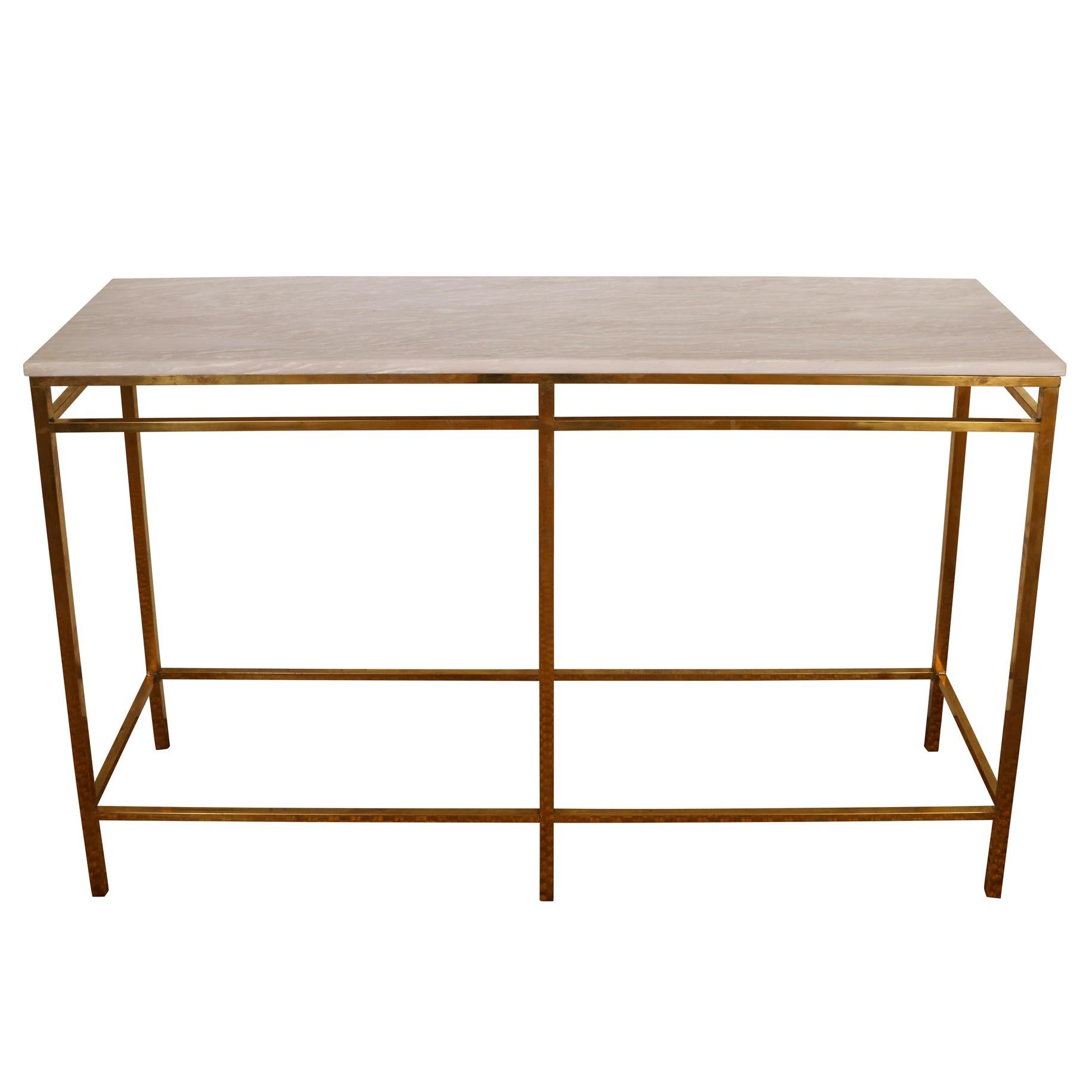 A pair of Italian brass and travertine console tables with clean geometric lines.