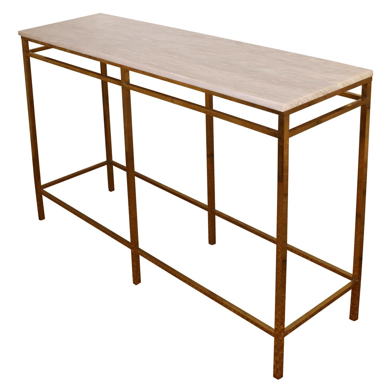 Pair of Custom Modern Brass and Travertine Console Tables In Good Condition For Sale In Locust Valley, NY