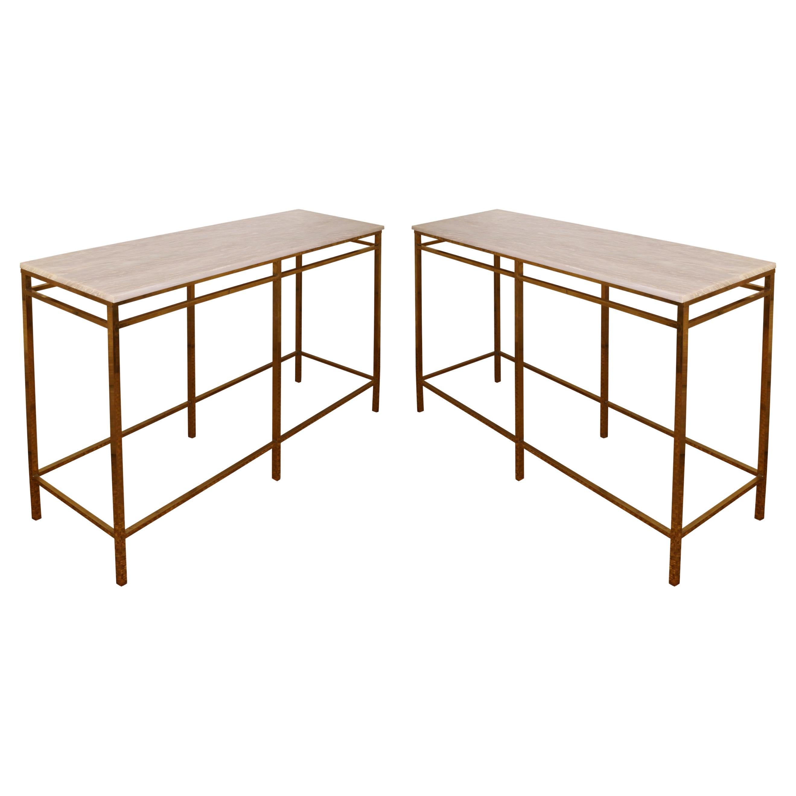 Pair of Custom Modern Brass and Travertine Console Tables For Sale