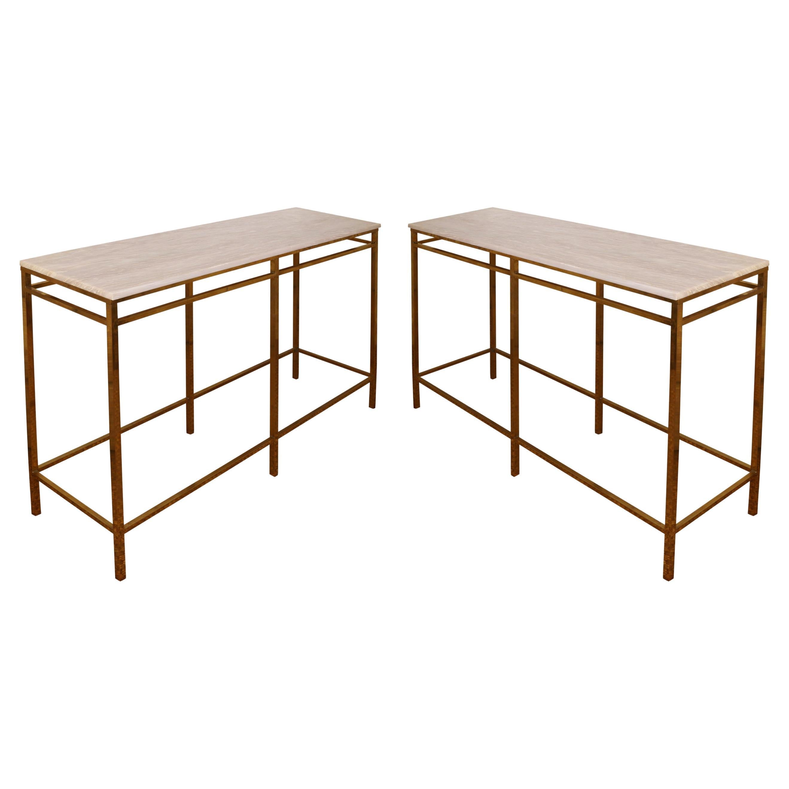 Pair of Custom Modern Brass and Travertine Console Tables