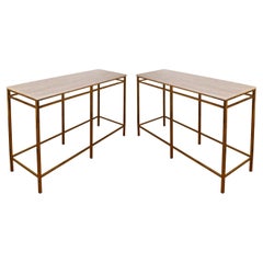 Vintage Pair of Custom Modern Brass and Travertine Console Tables