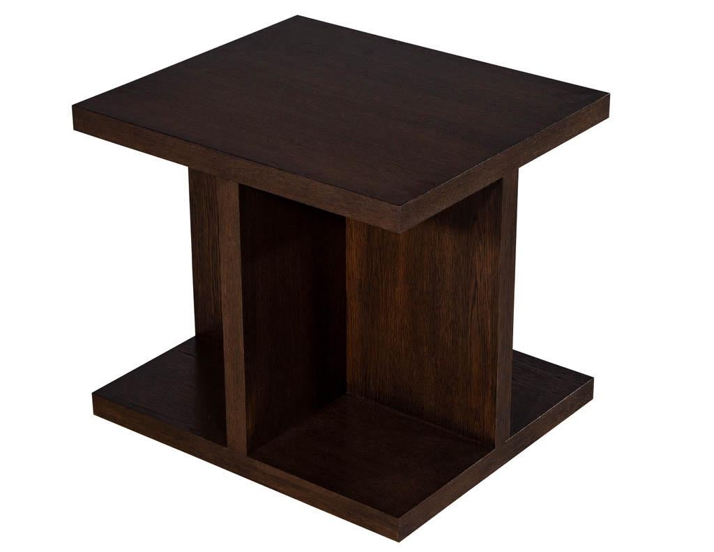 Pair of custom modern geometric end tables. Custom made oak end tables finished in a medium brown walnut finish. Sleek simplistic styling perfect for any setting.

Price includes complimentary scheduled curb side delivery service to the