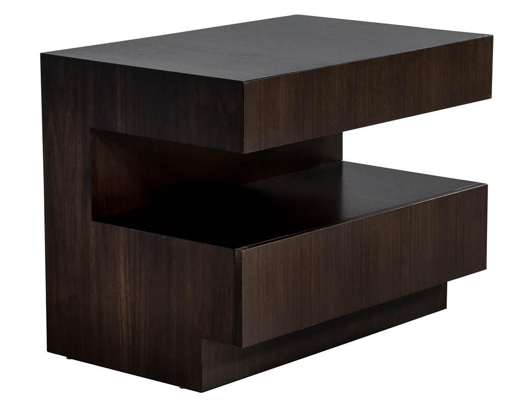 Carrocel custom modern style two drawer night tables, custom built and finished by Carrocel in walnut and finished in a rich deep black walnut finish. These tables can be custom ordered.