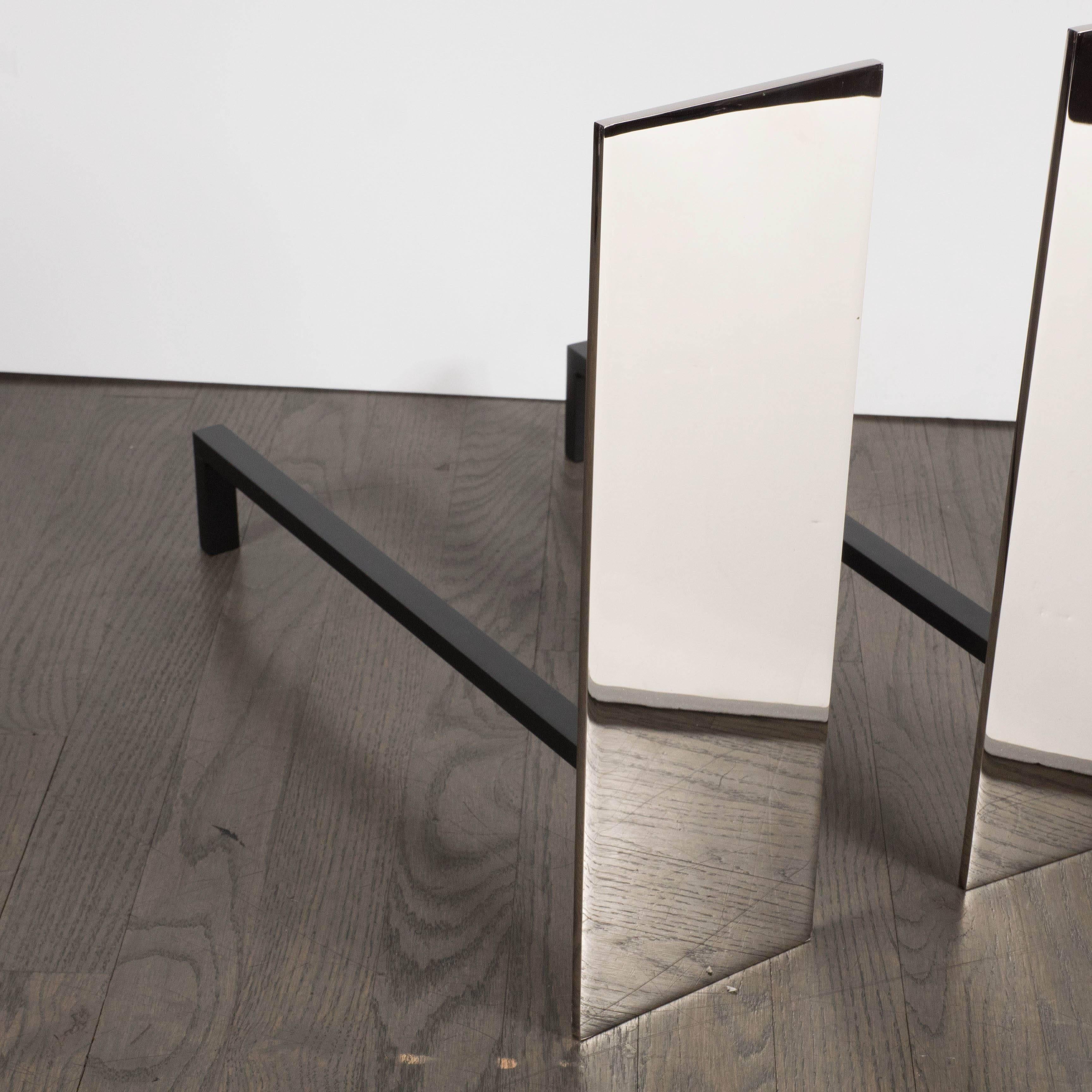 Pair of Custom Modernist Minimalist Polished Nickel Rectangular Andirons In Excellent Condition For Sale In New York, NY