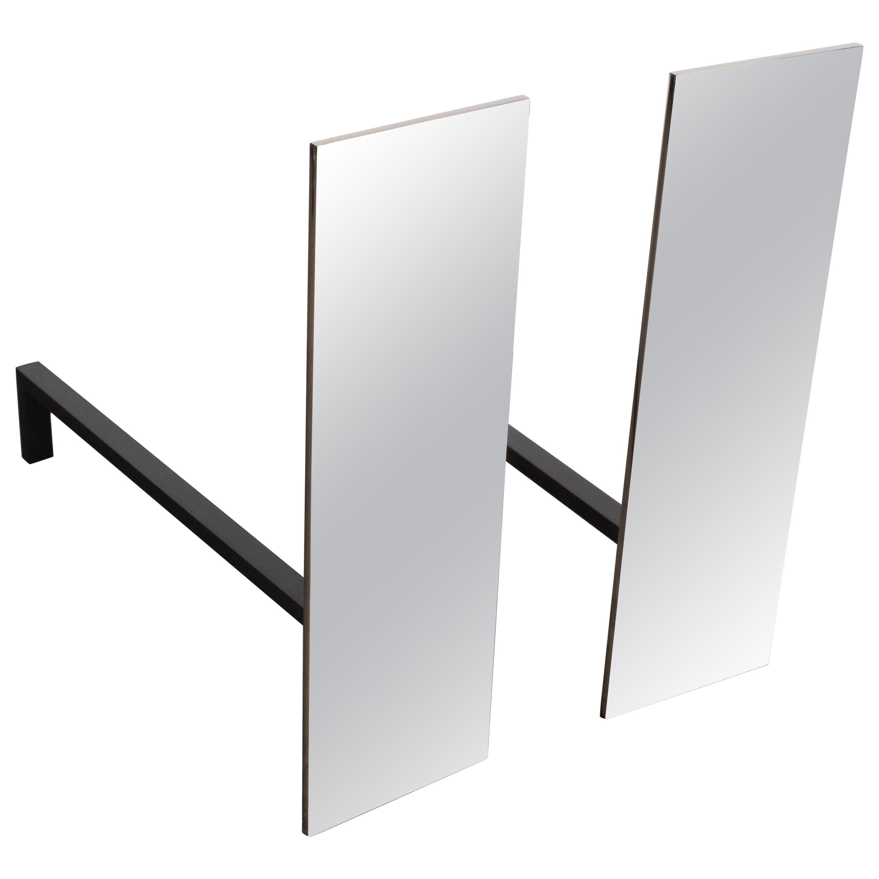 Pair of Custom Modernist Minimalist Polished Nickel Rectangular Andirons For Sale