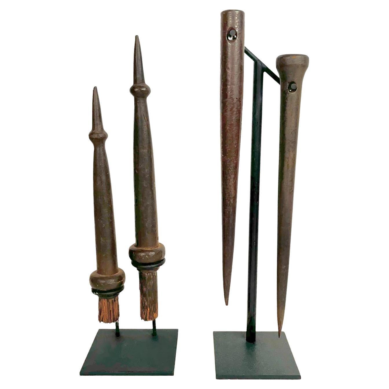 Pair Of Custom Mounted Antique Industrial Steel Objects in vendita