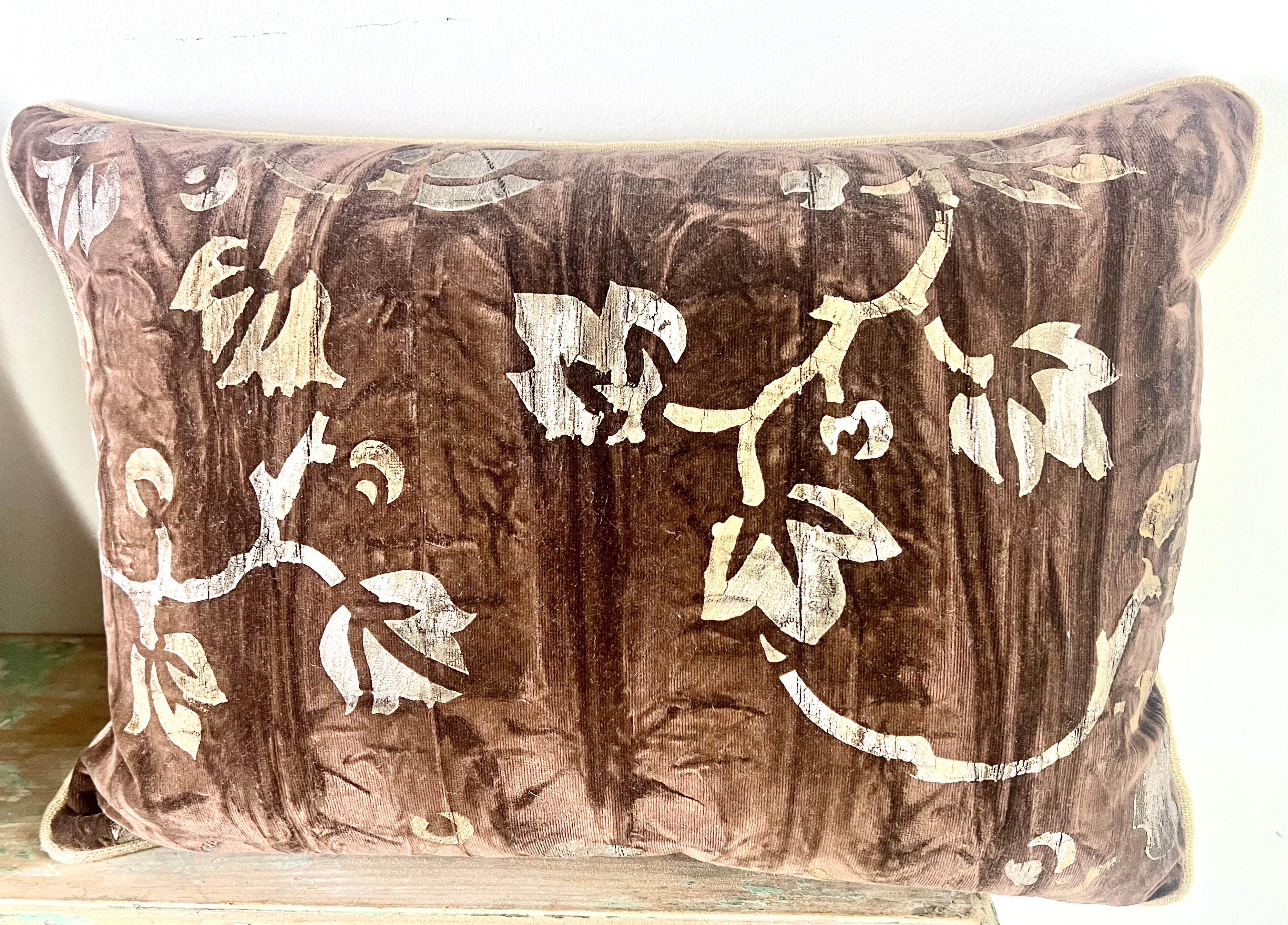 Pair of brown velvet NOMI textile pillows.  The fronts are stenciled with metallic gold & silver design.  Soft butter colored linen backs.  Down filled inserts.