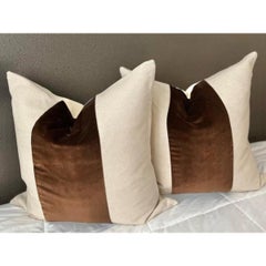 Pair of Custom Oatmeal Linen & Chocolate Velvet Stripe Pillows