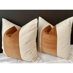 Paire de coussins à rayures en lin oatmeal et mohair cuivré sur mesure