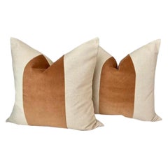 Coppia di cuscini personalizzati in lino color avena e mohair color rame a righe