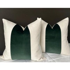 Pair of Custom Oatmeal Linen & Emerald Green Velvet Stripe Pillows
