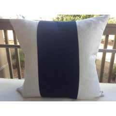Pair of Custom Oatmeal Linen & Midnight Blue Mohair Stripe Pillows