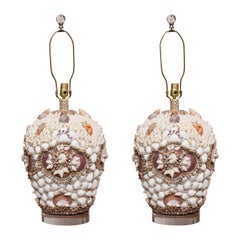 Pair of Custom Organic Shell-Work Melon-Form Lamps