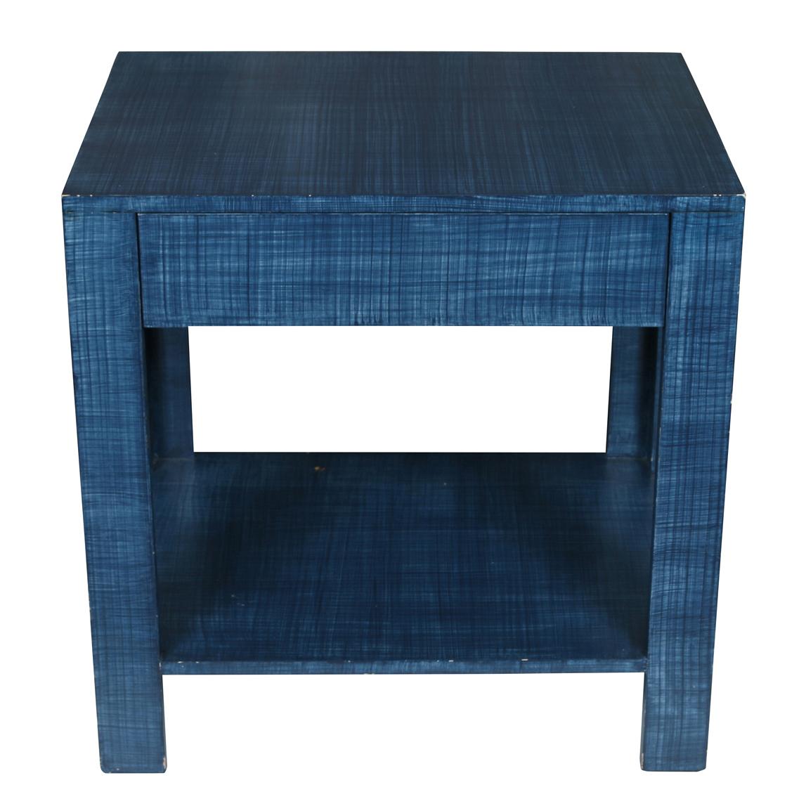 A pair of custom blue strie painted tables with drawer and shelf. Perfect as bedside tables or side tables.