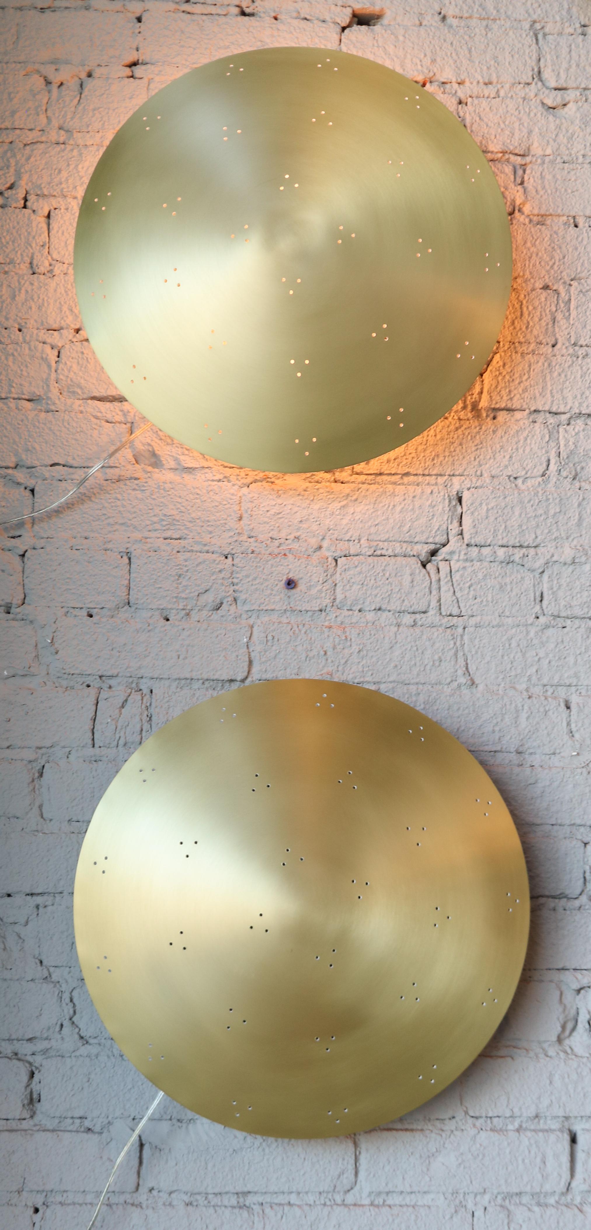 Pair of Custom Perforated Metal Brass Conical or Convex Sconces For Sale 3