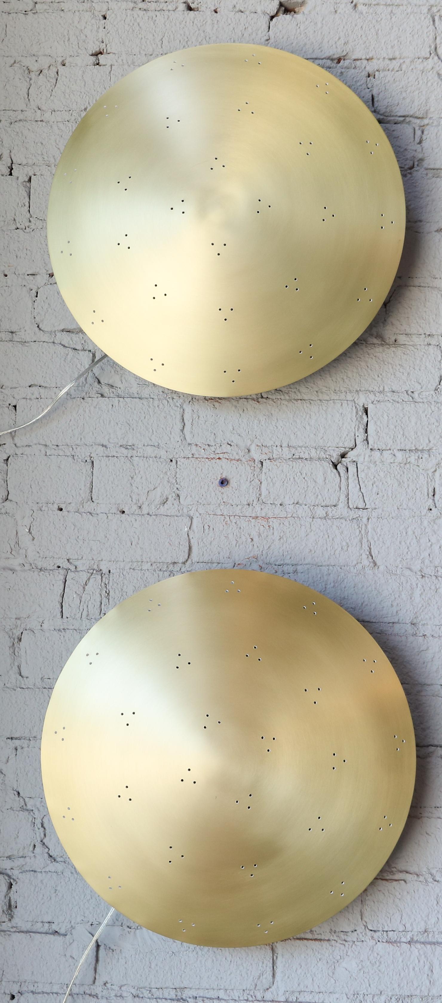 Mid-Century Modern Pair of Custom Perforated Metal Brass Conical or Convex Sconces For Sale