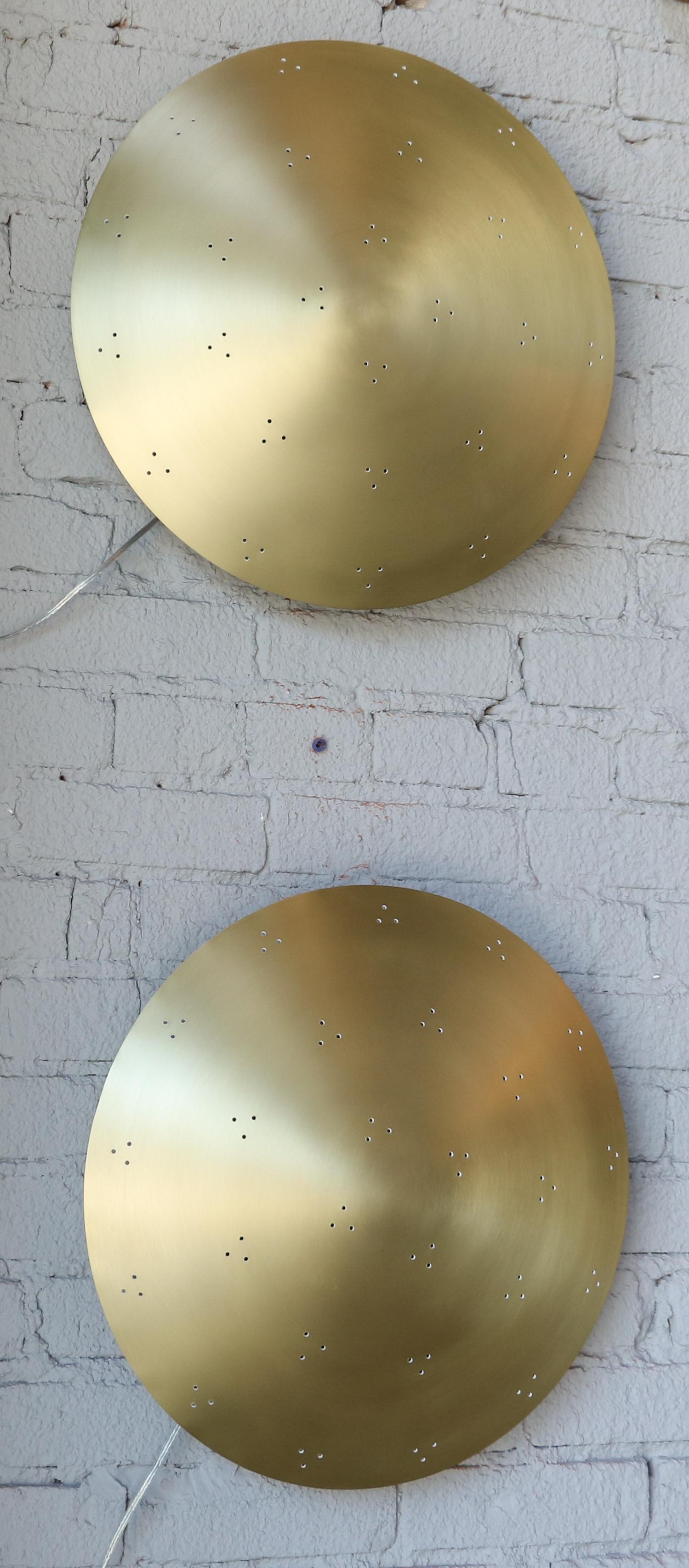 American Pair of Custom Perforated Metal Brass Conical or Convex Sconces For Sale