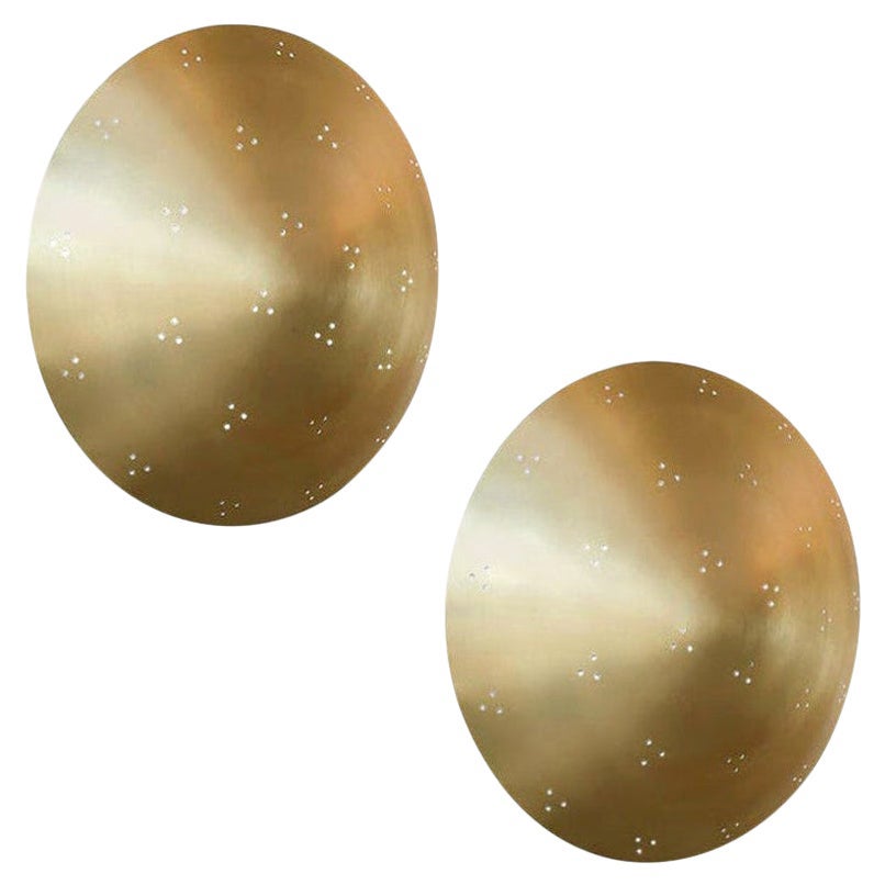 Pair of Custom Perforated Metal Brass Conical or Convex Sconces For Sale