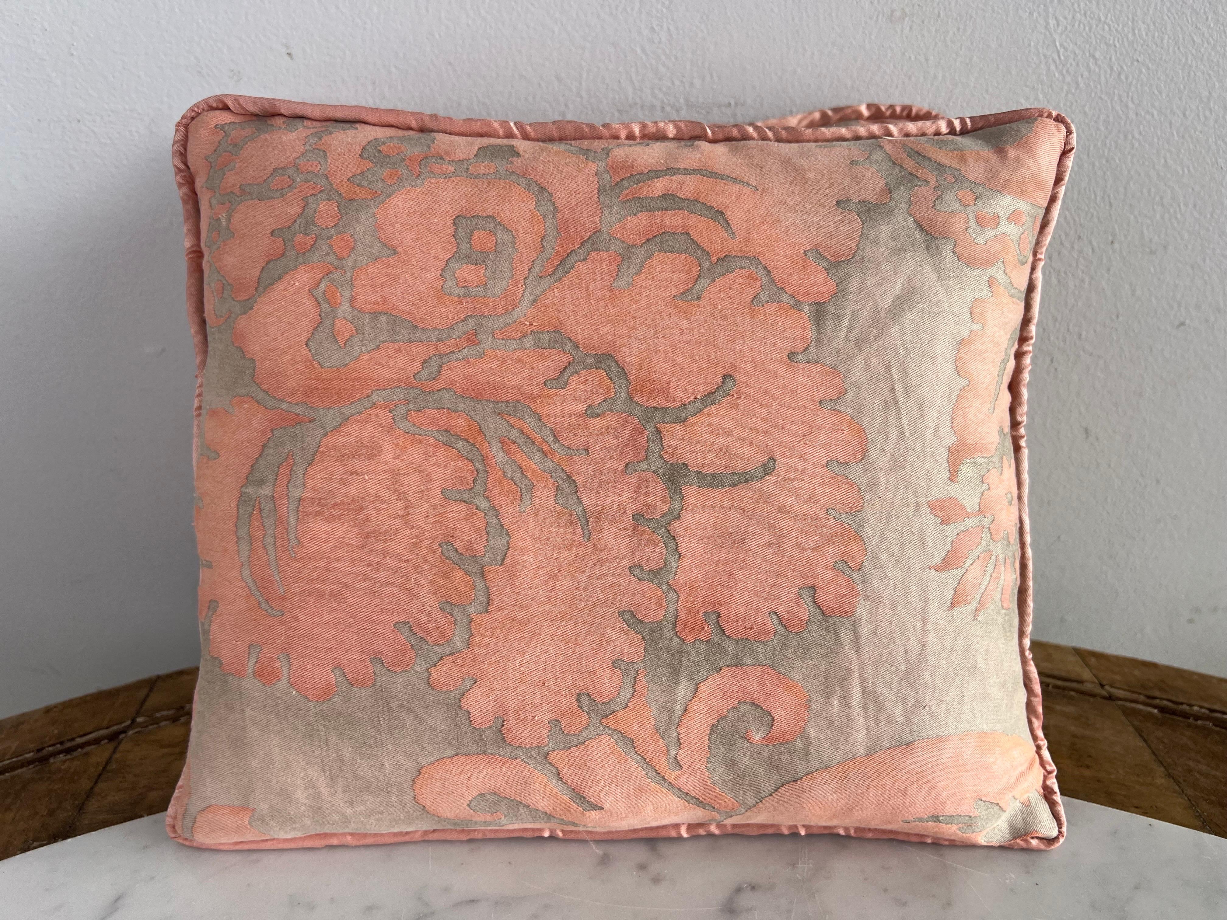 Pair of custom pillows made with vintage apricot & gray colored Fortuny fronts and silk taffeta backs.  Self welt detail.  Down inserts, sewn shut.