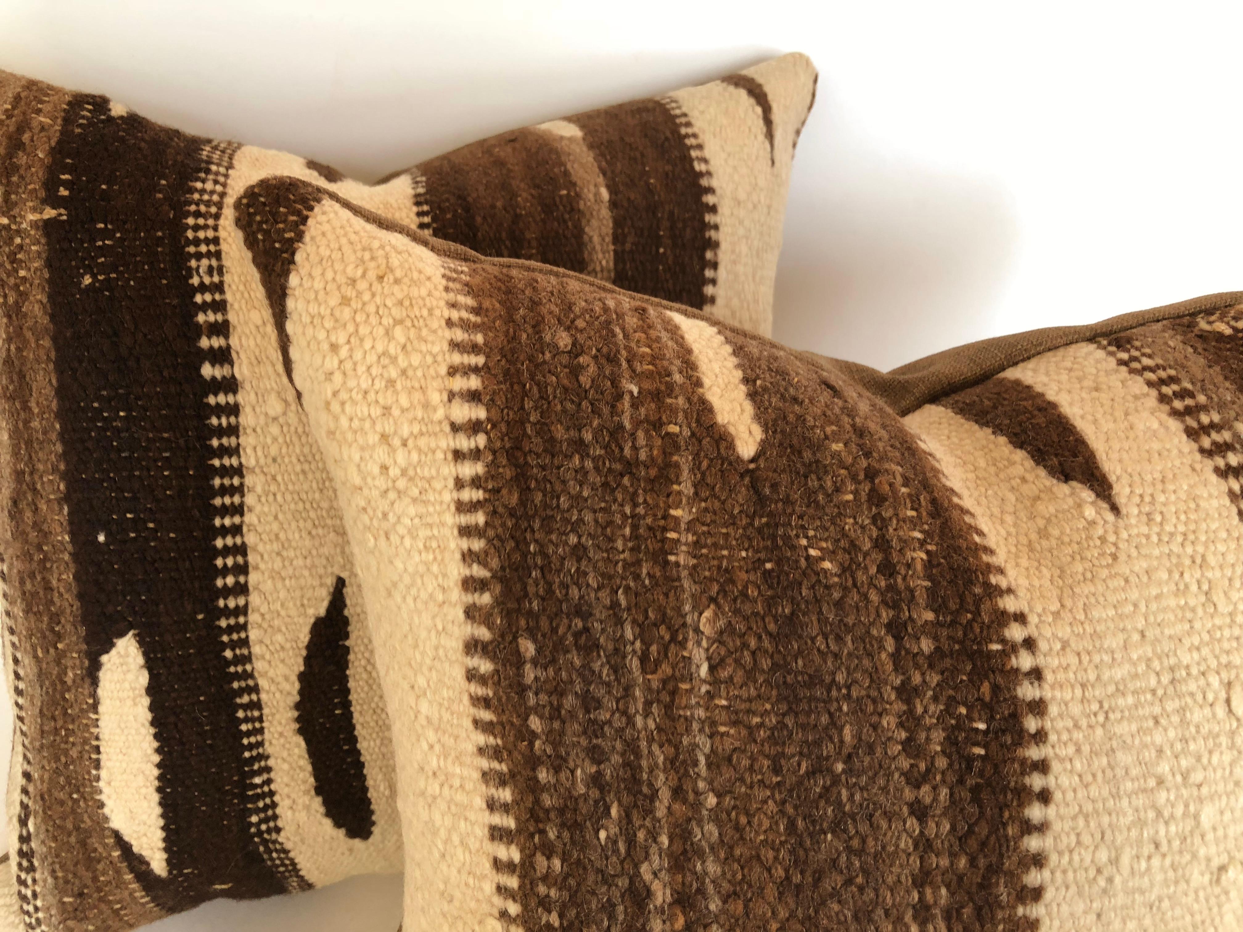 Hand-Woven Pair of Custom Pillows cut from a Vintage Wool Moroccan Rug, Atlas Mountains For Sale