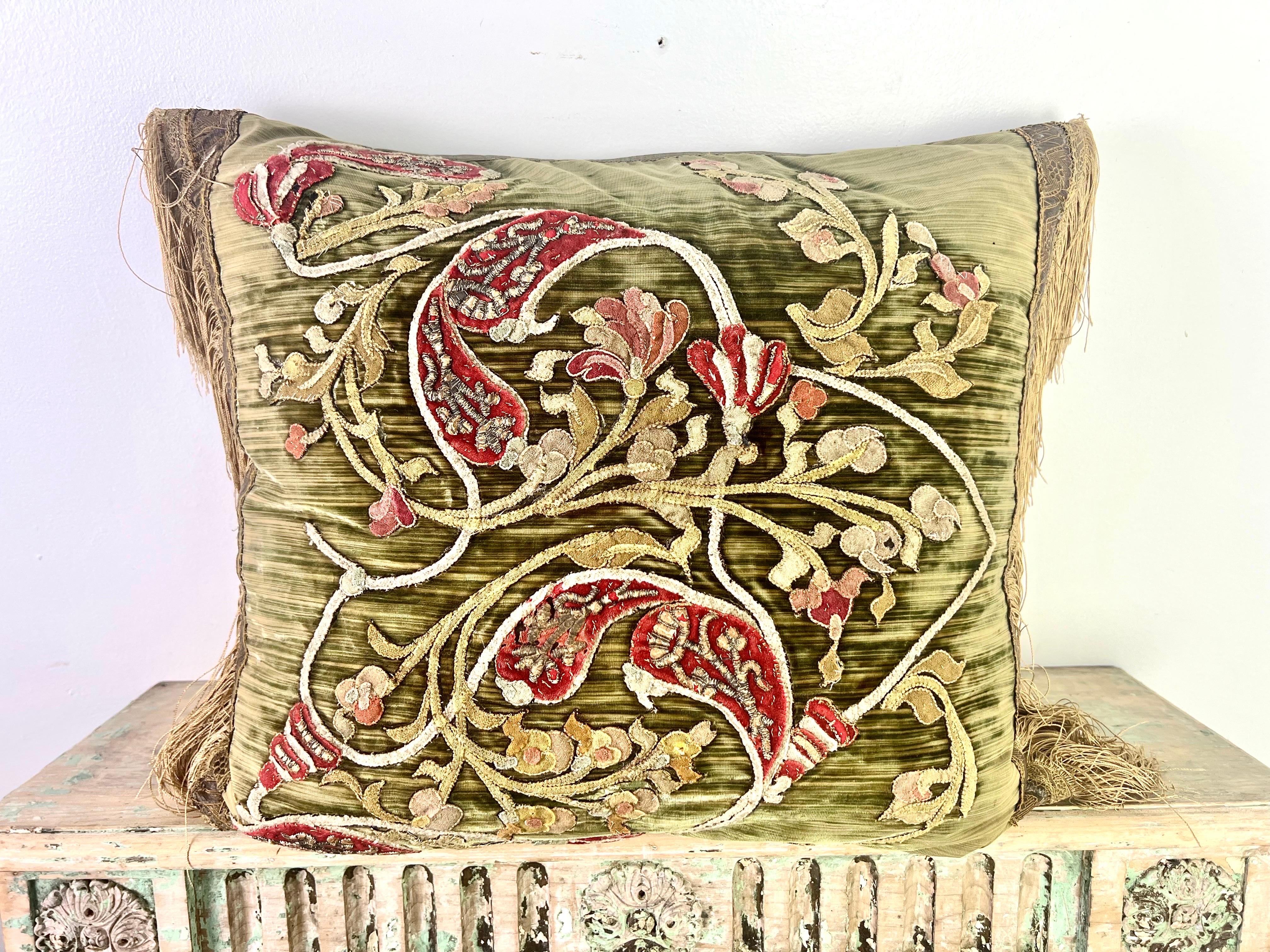 Italian Pair of Custom Pillows w/ 18th C. Textile Fronts For Sale