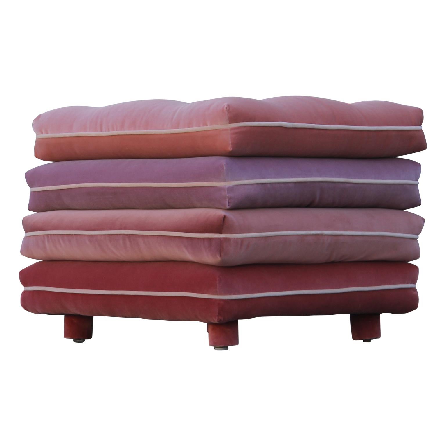 Modern Pair of Custom Pink Ombre / Gradient Stacked Cushion Stools on Brass Casters