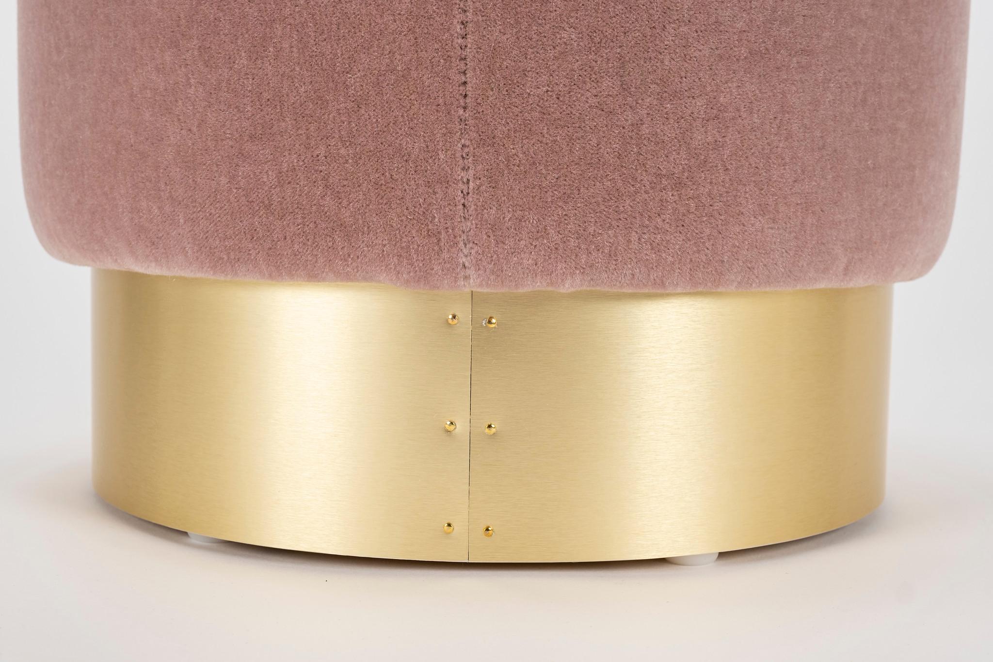A pair of custom pink (rose or faded mauve) contemporary pouf seats with brass bases, also available C.O.M.