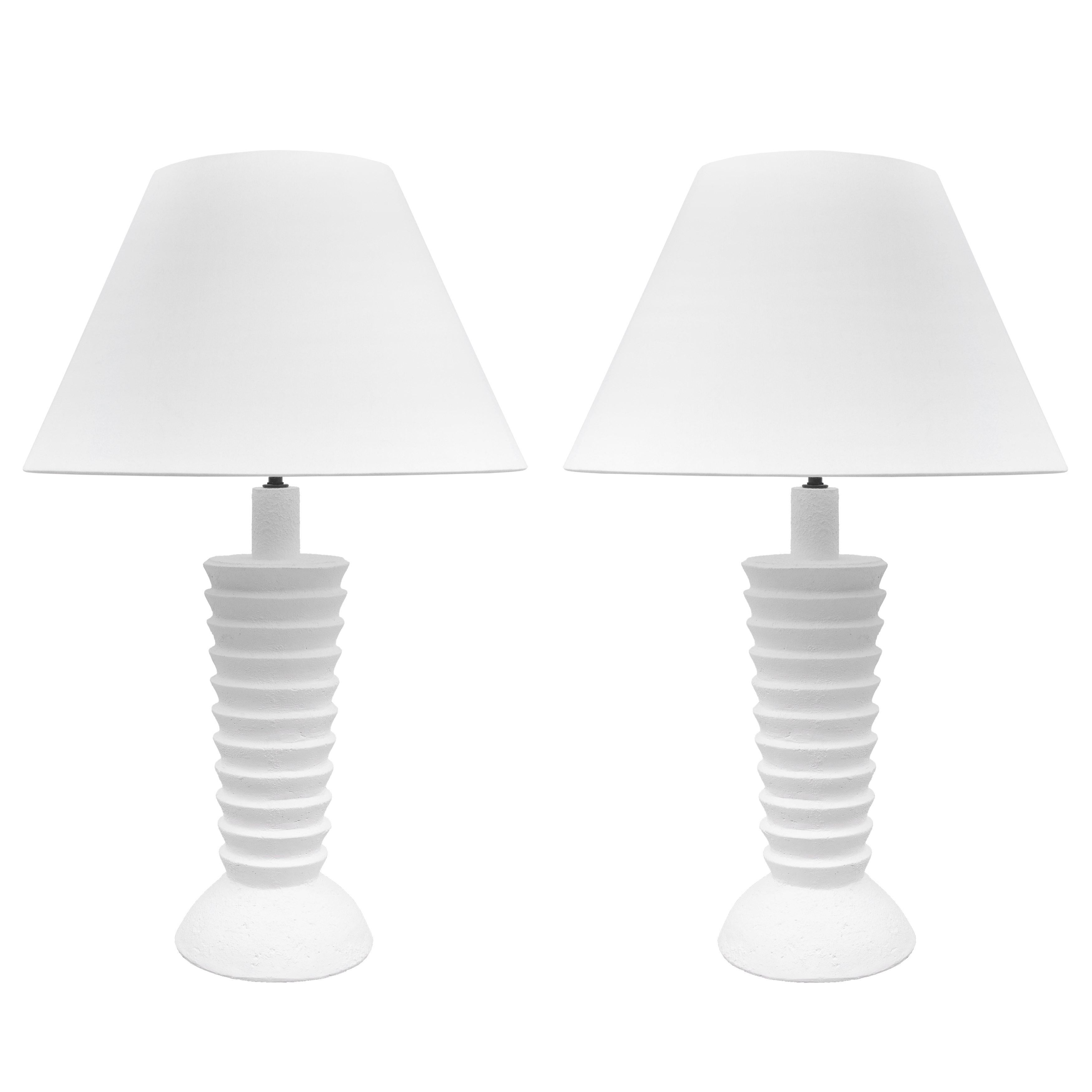 Pair of Custom Plaster Luc Lamps. One pair is currently available.
Lampshades are not included. 
Please note that these lamps are customizable in size, color, material.
Lead time is 8-10 weeks.
Measures: Height (to tip of finial) is 33.25
