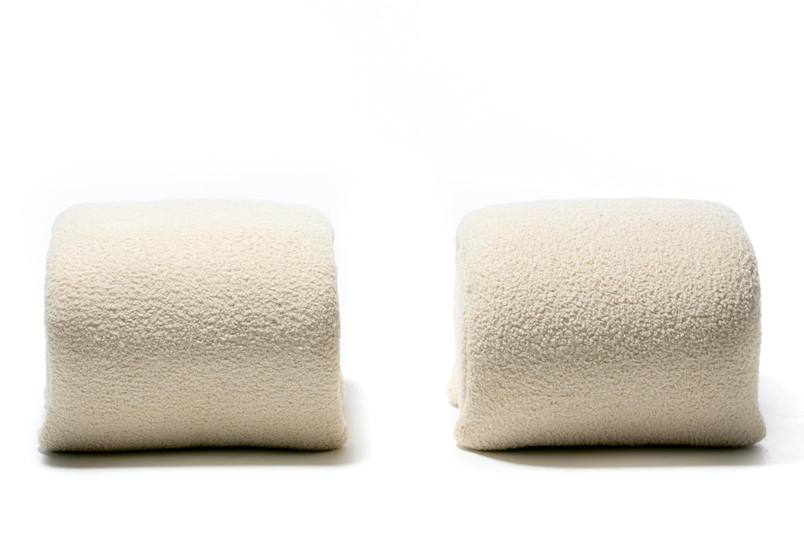 Post-Modern Pair of Custom Post Modern Karl Springer Style Ottomans in Ivory White Bouclé For Sale