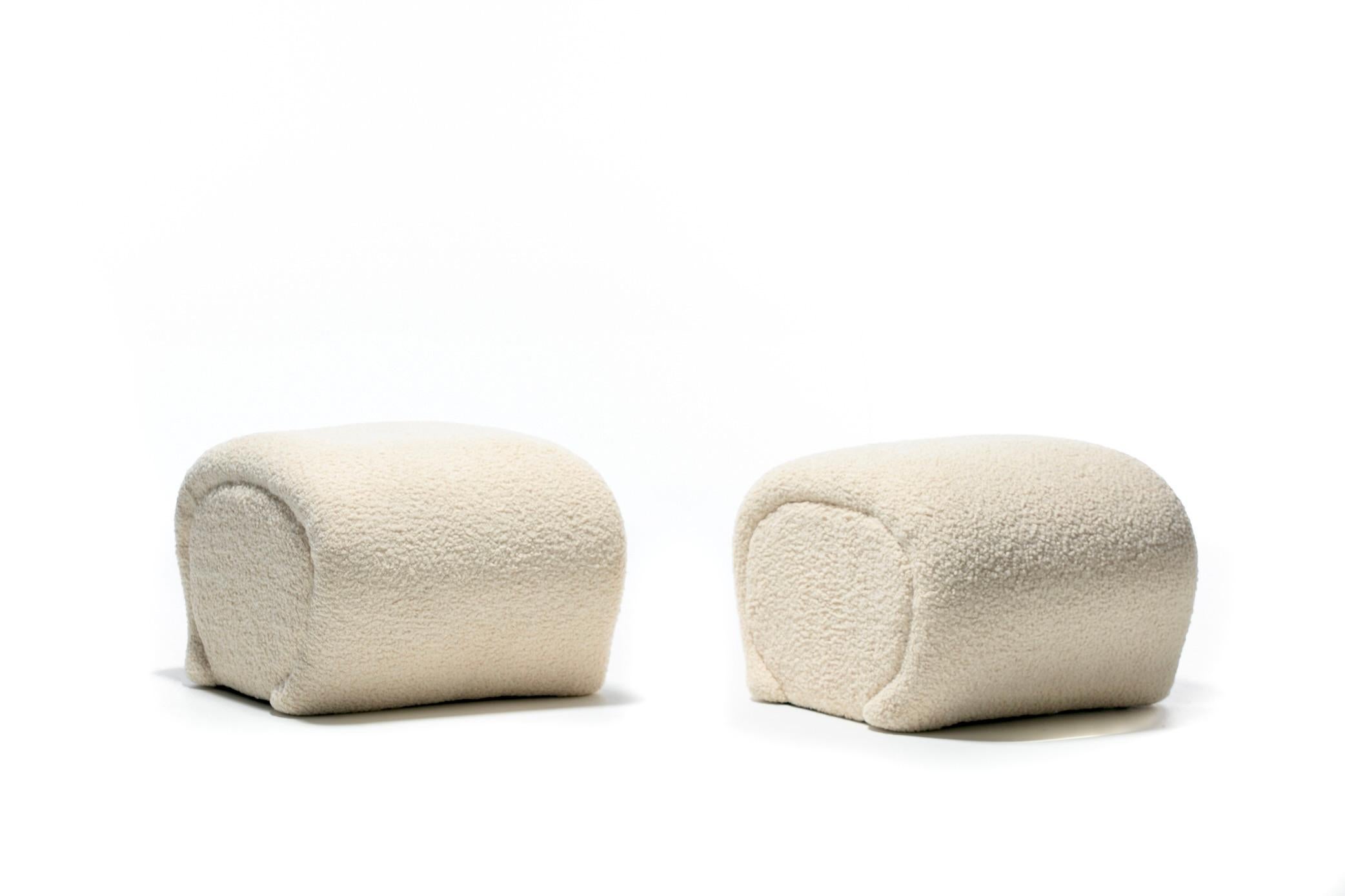 American Pair of Custom Post Modern Karl Springer Style Ottomans in Ivory White Bouclé For Sale