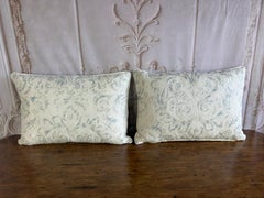 Pair of Custom Printed Linen Lumbar Pillows in Faded Aqua Baroque Damask
