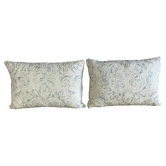 Pair of Custom Printed Linen Lumbar Pillows in Faded Aqua Baroque Damask