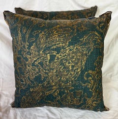 Custom Artistic Bird Motif Pillows in Distressed Gold on Teal Linen