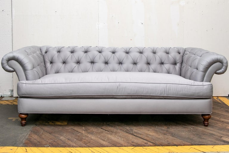 Pair of Custom Quality Blue Silk Chesterfield Sofas at 1stDibs