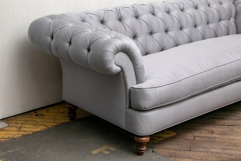 Pair of Custom Quality Blue Silk Chesterfield Sofas at 1stDibs