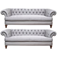 Pair of Custom Quality Blue Silk Chesterfield Sofas