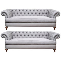 Vintage Pair of Custom Quality Blue Silk Chesterfield Sofas