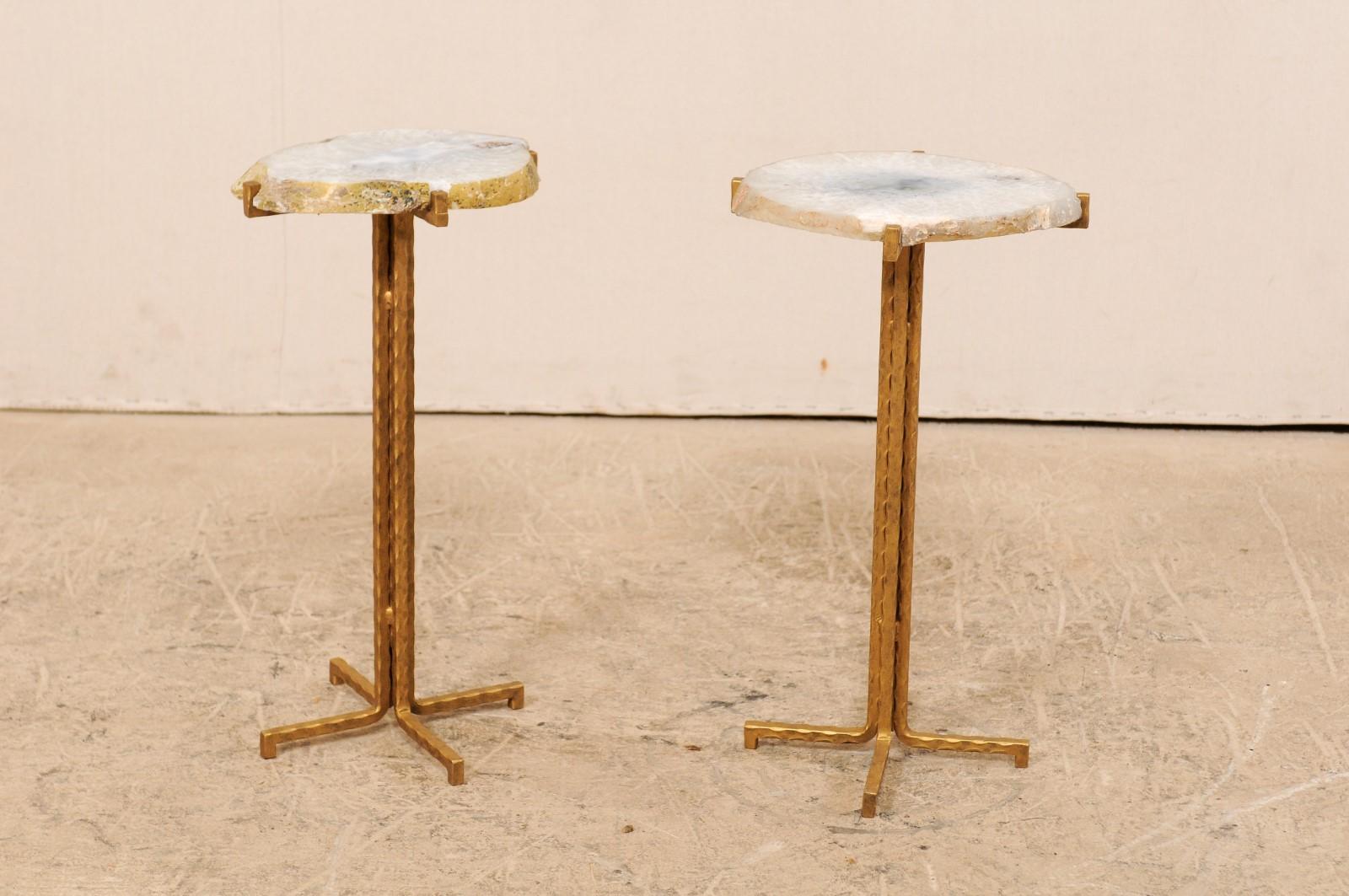 Pair of Custom Quartz Top Drink Tables with Gold Iron Base 5