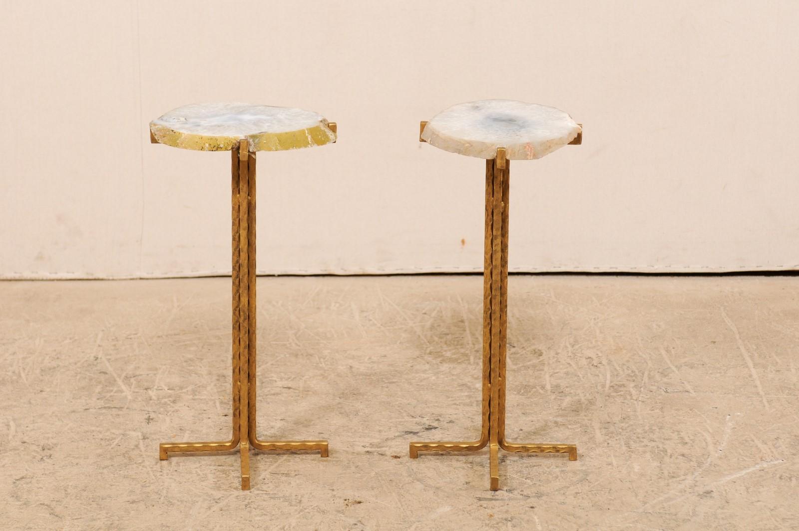 Painted Pair of Custom Quartz Top Drink Tables with Gold Iron Base