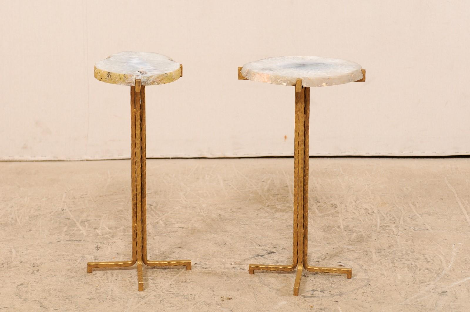 Pair of Custom Quartz Top Drink Tables with Gold Iron Base 1