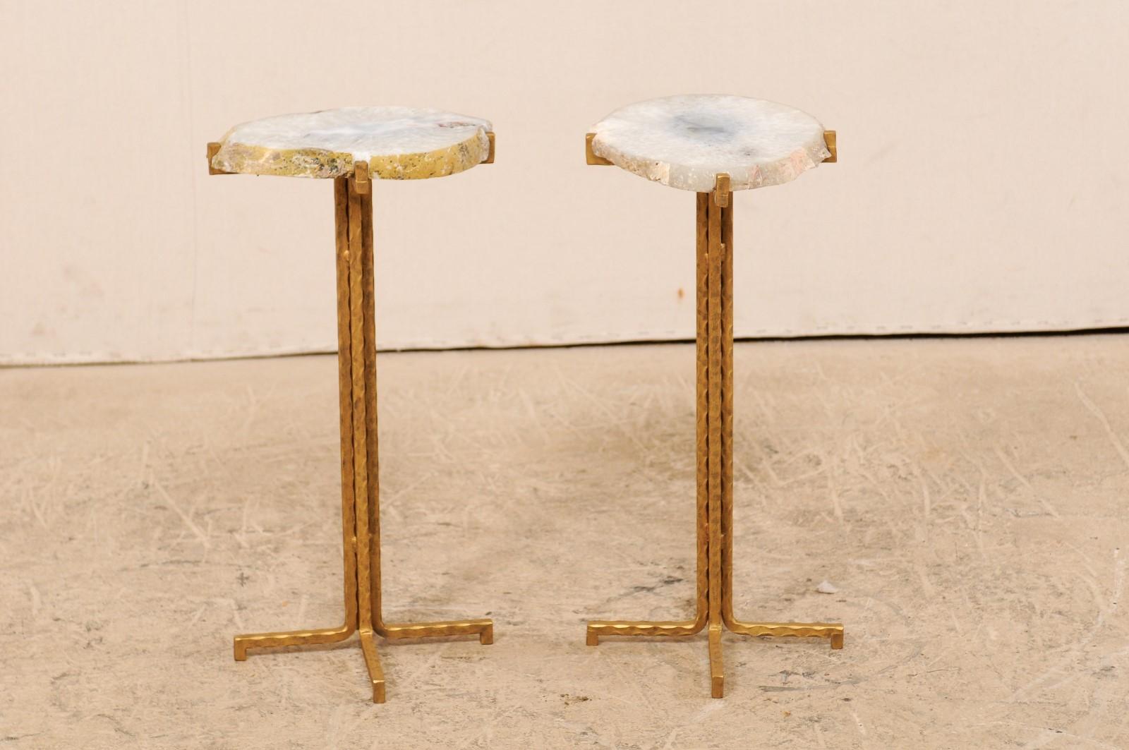 Pair of Custom Quartz Top Drink Tables with Gold Iron Base 2