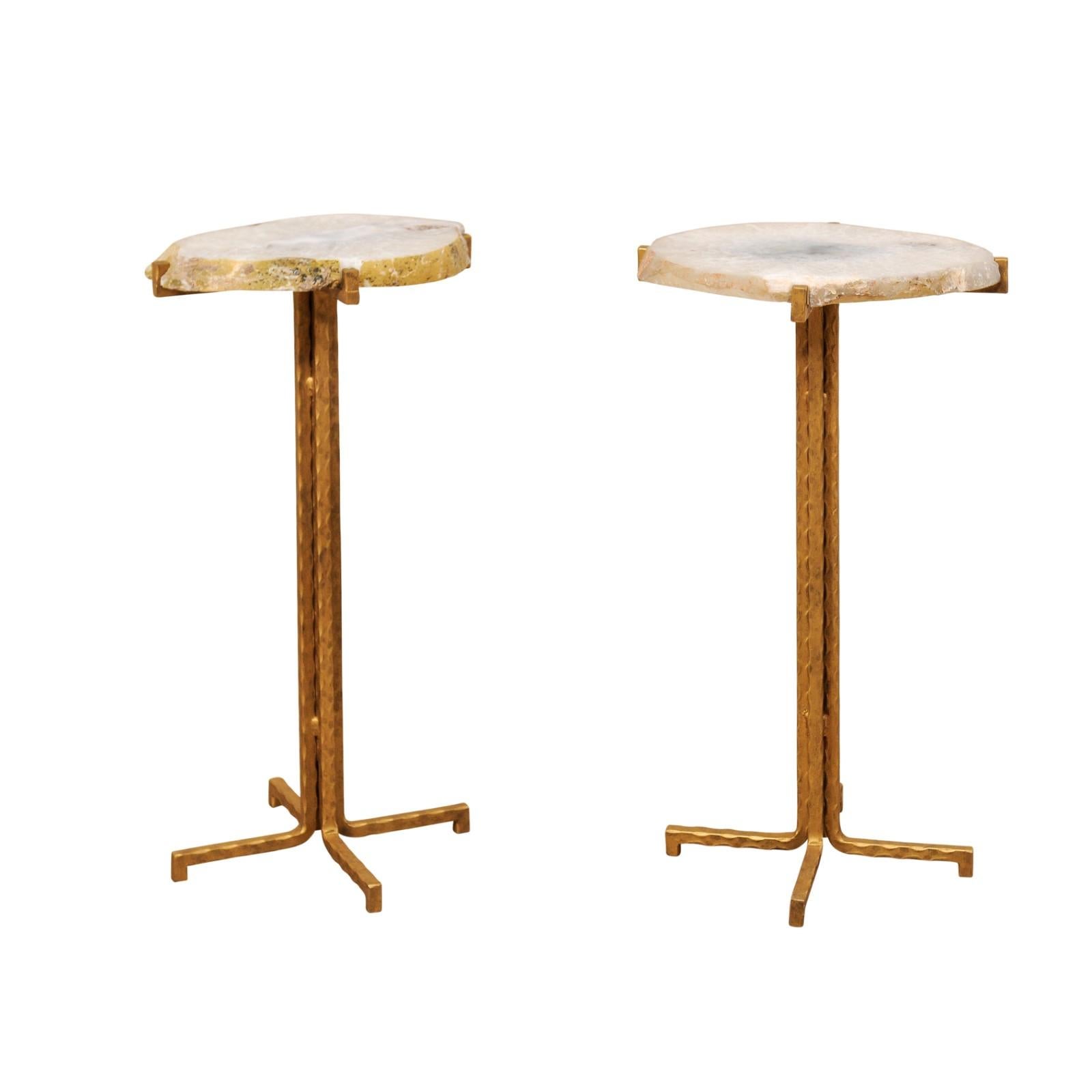 Pair of Custom Quartz Top Drink Tables with Gold Iron Base
