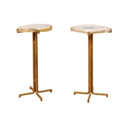 Pair of Custom Quartz Top Drink Tables with Gold Iron Base