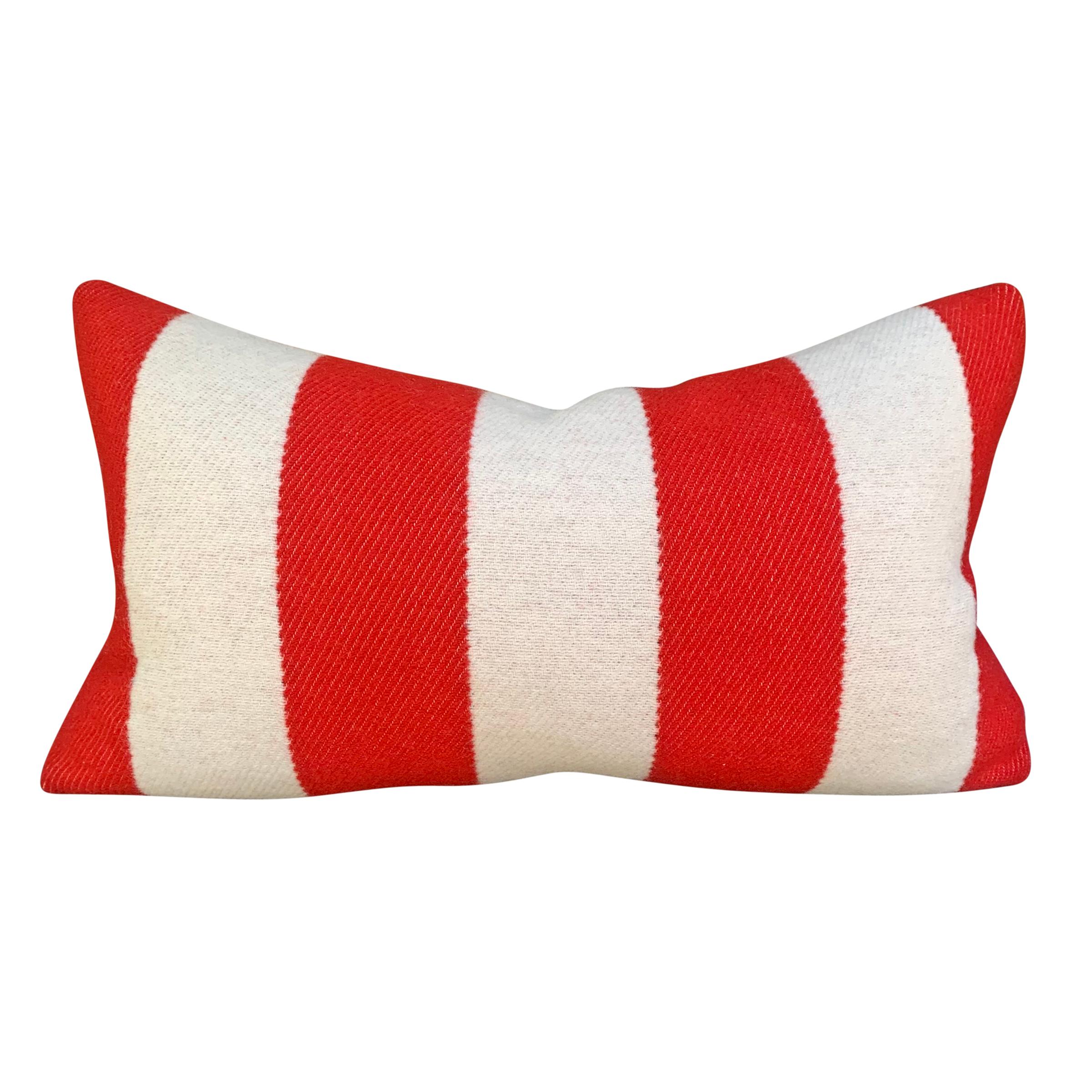 Rustic Pair of Custom Red and White Striped Wool Lumbar Pillows For Sale